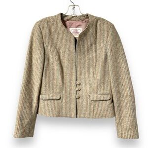 Vintage 90s Beige Houndstooth Rainbow Striped Jacket Blazer Size 11/12 Wool Silk